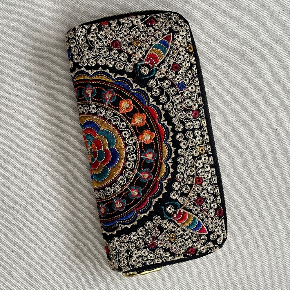 Embroidered Black Wallet